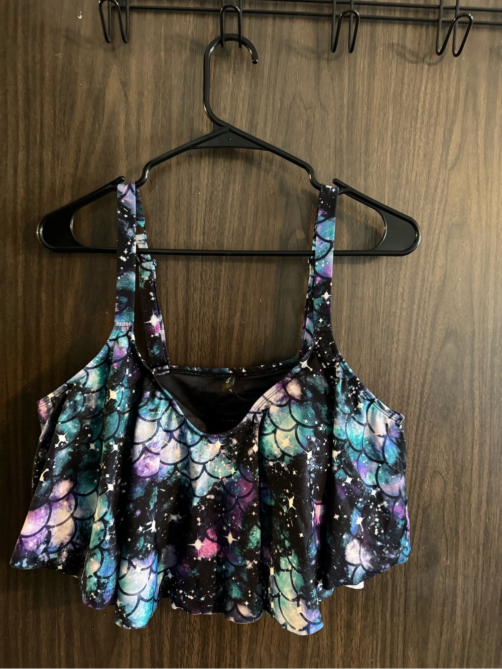 Torrid Galaxy-Print Ruffle swim Top - Black, Teal, Purple